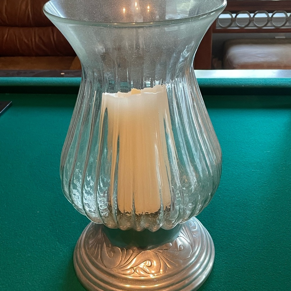 Silver and White Ribbed Glass Candle Holder